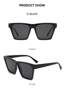 Vertical multi-angle view of black square oversized sunglasses with smoky gray lenses