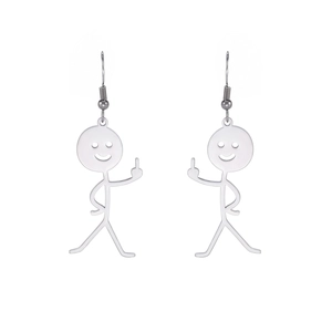 Minimalist stickman earrings with funny middle finger gesture in silver metal