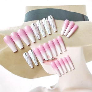 Detail of pink gradient and white marble long coffin press-on nails set of 24 pieces