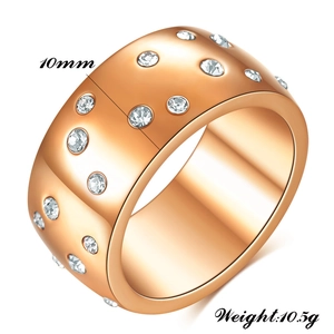 Detail view of 10mm wide rose gold stainless steel ring with inset crystal stones