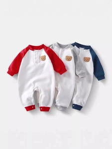 Baby Strampler Baumwolle Fleece Gefüttert Langarm Kontrastfarbe Teddybär Patch Neugeborene Kleinkinder Jumpsuits Druckknöpfe