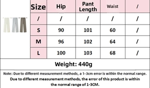 Detailed size chart for women hoodie set including hip, waist and pant length dimensions