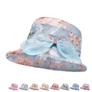 Cappello da sole in organza traspirante con fiori e fiocco, disponibile in otto colori