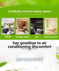 Mini white portable humidifier shown in office, living room, car and bedroom settings
