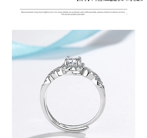 Macro detail of silver ring with square halo zircon and adjustable 16mm band