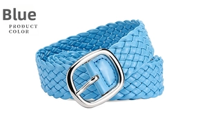 Close-up of light blue woven PU leather belt with a polished silver square metal buckle
