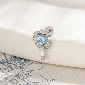 French vintage key cartilage stud with blue heart zircon in silver stainless steel