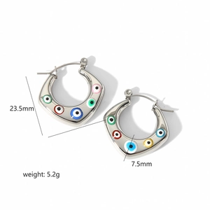 Silver stainless steel Evil Eye hoop earrings with colorful enamel charms and dimensions