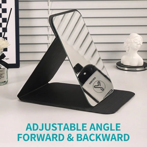 Portable folding PU leather makeup mirror with adjustable stand for desktop use