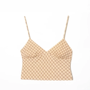 Women's plaid camisole crop top in tan with V-neckline and spaghetti straps, flat lay