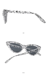 Detailed side and back views of cat eye sunglasses with black geometric pattern on clear frames