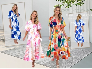 Close-up detail of three floral print patterns for puff sleeve V-neck maxi dresses