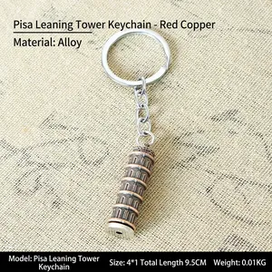 Detailed copper Leaning Tower of Pisa keychain in alloy metal with rustic burlap background