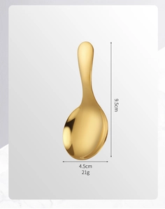 Macro shot of 9.5cm gold stainless steel spoon with 4.5cm width and 21g weight specs