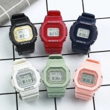 Close-up of colorful waterproof digital sports nursing fob watches in various vibrant colors