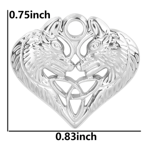 Detailed dimensions of a stainless steel heart pendant with Celtic wolf head design