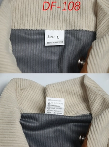 Detail view of L-size label and 100% polyester care instructions on corduroy jacket
