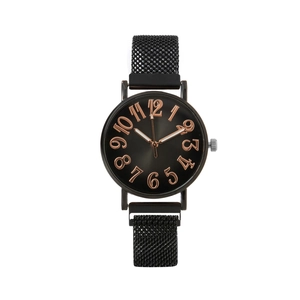 Orologio al quarzo nero minimalista con cinturino mesh e numeri in oro rosa