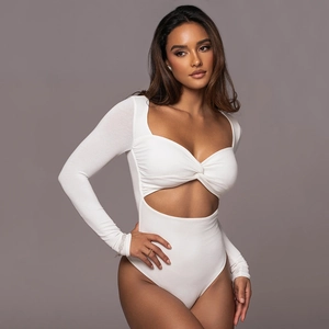 Body Sexy À Manches Longues Et Col En V Pour Femmes Polyester Haute Élasticité Milk Silk Découpé Torsadé Devant Streetwear