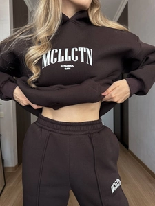Women Hooded Sweatshirt And Jogger Pants Loungewear Long Sleeve Letter Print Casual Streetwear Tracksuit Coffee