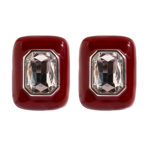 Vintage burgundy enamel square stud earrings with emerald cut clear gemstones on white background