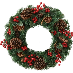 Classic Christmas wreath with green pine needles, brown cones, and vibrant red berries