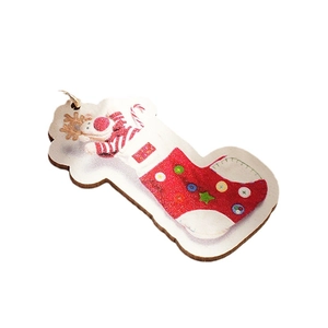 Vintage wooden Christmas stocking keychain with reindeer and gift box festive charms