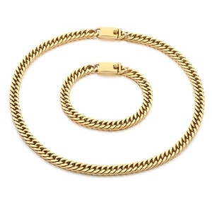 Golden titanium steel Cuban link jewelry set featuring flat necklace and matching bracelet