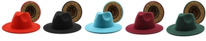 Detail of wide brim fedora hats with stylish leopard print lining in various vibrant colors