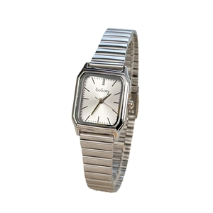 Minimalist square silver women's watch with flexible metal strap and sleek dial face