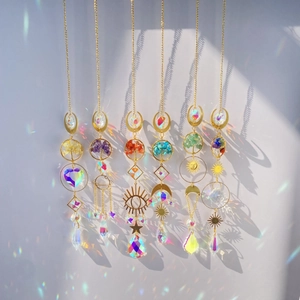 Golden Tree of Life crystal suncatchers with prisms and colorful stones for garden windows