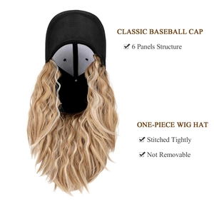 Detail of black 6-panel baseball cap with integrated golden brown wavy hair extensions