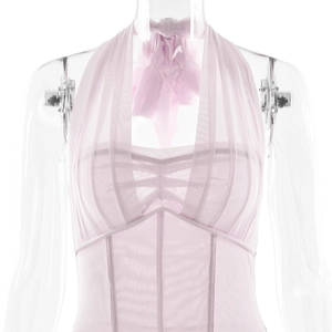 Close-up of pink mesh halter top with pleated drawstring detail on a mannequin