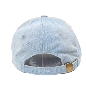 Light blue denim baseball cap featuring distressed details and adjustable metal buckle back