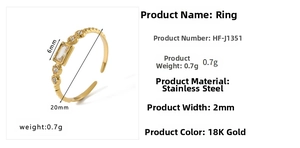 Detail specifications of 18K gold plated stainless steel ring with rectangular zircon