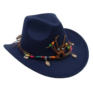 Navy blue Western style cowboy hat featuring colorful ethnic beads and shell decorations