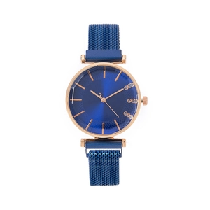 Elegant rose gold women's watch with blue sunray dial and magnetic mesh strap