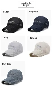 Mesh baseball caps shown in black, navy, gray, khaki, and dark gray color options
