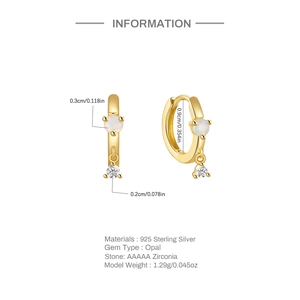 Detailed size specifications for gold 925 sterling silver earrings with opal and zircon