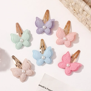 Set of 6 double-layer butterfly hair clips with glitter fabric and pearl center