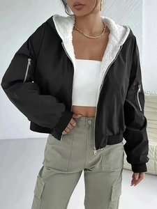 Women's black hooded bomber jacket with white faux fur lining and silver metal zipper