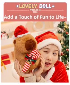Detailed view of Capybara plush doll with red Christmas hat and candy cane decoration