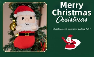 Close-up of plush Santa Claus Christmas stocking hanging on a decorated tree