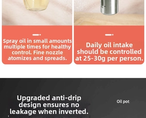 Detailed view of stainless steel oil sprayer featuring fine mist spray and leak-proof nozzle