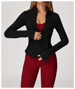 Detail of a black fleece outdoor jacket featuring a high collar and full zip closure