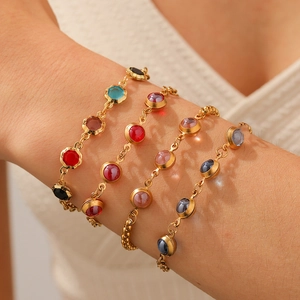 Bracelet 18K Gold Plated Stainless Steel Multicolor Synthetic Gemstone Round Flower Shape Elegant Vintage Fashion Women