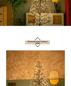 Detail of a black LED decorative tree with warm yellow glowing micro lights for home decor