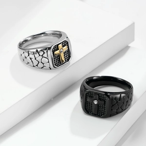 Vintage stainless steel cross rings with embossed rock texture for men, silver and black