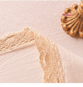 Detailed macro view of beige linen fabric texture and elegant lace border on the table cloth