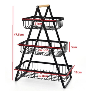 Three-tier iron fruit basket with wooden handle and detailed size measurements